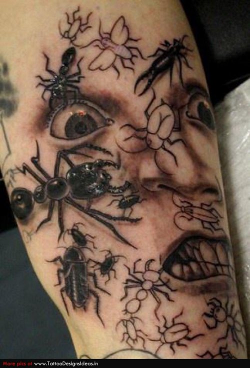 Grey Ink Ants And Eye Of Era Tattoo On Sleeve